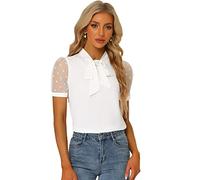Allegra K Camicetta da donna con fiocco e scollo a V, collo alto, maniche corte, in rete, bianco, M