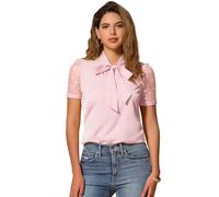 Allegra K Camicetta da donna con fiocco e scollo a V, collo alto, maniche corte, in rete, rosa chiaro, S