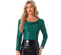 Allegra K Camicetta da Donna con Paillettes Glitterate, Collo Ad Anello, Manica Lunga, Scintillante, Clubwear Verde Scuro M
