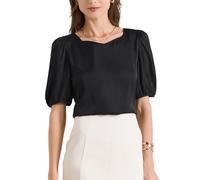 Allegra K Camicetta da donna elegante con scollo a cuore mezza manica in raso da lavoro per ufficio, Nero , XL