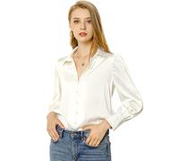 Allegra K, Camicetta da Donna in Raso, Elegante, con Maniche a Sbuffo, Colletto a Punta, Vintage, abbottonatura, Bianco, S