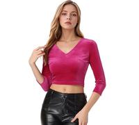 Allegra K Camicetta da donna in velluto con scollo a V a maniche lunghe Sari Crop, Rosa acceso, S