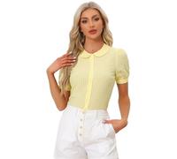 Allegra K Camicetta da donna scozzese a maniche corte a quadretti con colletto alla Peter Pan e abbottonatura, Giallo, M