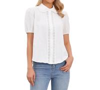 Allegra K Camicetta in cotone a maniche corte per donna con colletto Peter Pan Button Up Crochet Panel Top, bianco, S