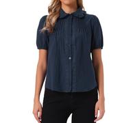 Allegra K Camicetta in cotone a maniche corte per donna con colletto Peter Pan Button Up Crochet Panel Top, Blu scuro, S