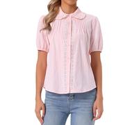 Allegra K Camicetta in cotone a maniche corte per donna con colletto Peter Pan Button Up Crochet Panel Top, rosa chiaro, XL