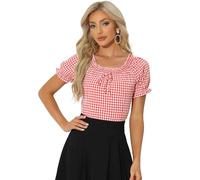 Allegra K Camicetta Scozzese a Quadretti per Top da Donna con Maniche a Sbuffo e Collo Rotondo con Volant Rosso XL