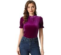 Allegra K Camicia con Collo Arricciato per Camicetta da Donna in Velluto a Maniche corteViola S