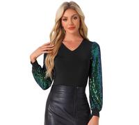 Allegra K Camicia con Maniche in Paillettes da Donna Top Scintillante da Festa Bluse con Scollo a V Nero Verde M