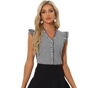 Allegra K Camicia con Volant per Camicetta a Quadretti Scozzese da Donna Anni '50 con Scollo a V e Maniche ad Aletta Nero XS