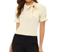 Allegra K Camicia da donna con scollo a fiocco elegante da ufficio a maniche corte camicetta top, Beige, 40