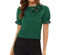 Allegra K Camicia da donna con scollo a fiocco elegante da ufficio a maniche corte camicetta top, Verde scuro., 40