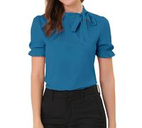 Allegra K Camicia da donna con scollo con fiocco, elegante, da ufficio, a maniche corte, Blu pavone, 40
