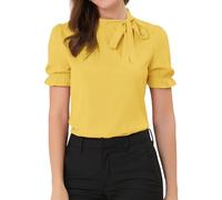 Allegra K Camicia da donna con scollo con fiocco, elegante, da ufficio, a maniche corte, Giallo, 52
