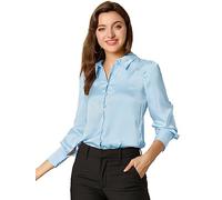 Allegra K Camicia da donna in seta con maniche a sbuffo colletto a punta vintage abbottonatura in raso camicette, Azzurro, S