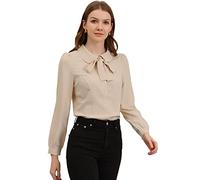 Allegra K Camicia da donna Peter Pan colletto a maniche lunghe a sbuffo camicetta in chiffon fiocco collo con bottoni camicia da lavoro, Beige, 40