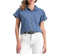Allegra K Camicia in Denim da Donna A Maniche Corte con Bottoni, Classica Camicia in Jeans Blu S
