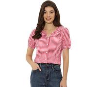 Allegra K Camicia scozzese da donna con colletto Peter Pan a maniche corte a sbuffo con volant, Rosso, 40