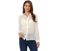 Allegra K Camicie a rete con bottoni per donna, trasparenti, a maniche lunghe, in maglia, top natalizi, bianco, L