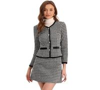 Allegra K Completo da donna in 2 pezzi, con giacca corta e gonna, in tweed scozzese, Nero , XL