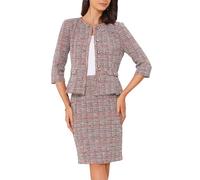 Allegra K Completo da Donna in Tweed Tailleur Gonna 2 Pezzi Giacca Cardigan con Maniche a 3/4 e Bottoni Gonna a Tubino Elegante Rosso M