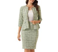 Allegra K Completo da Donna in Tweed Tailleur Gonna 2 Pezzi Giacca Cardigan con Maniche a 3/4 e Bottoni Gonna a Tubino Elegante Verde XL