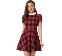 Allegra K Costume di Halloween da Donna con Colletto Peter Pan a Sbuffo a Maniche Corte Svasato Tartan Vestito, Rosso, 52