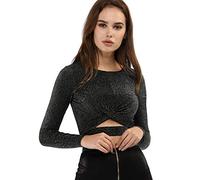 Allegra K Costume Natalizio da Donna Top con Brillantini Twist Manica Lunga Ritagliata sul Davanti Slim Aderente Top cortoNero XS