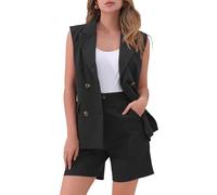 Allegra K Donna Abiti Estivi in 2 Pezzi con Blazer Doppiopetto Senza Maniche, Gilet E Pantaloncini Nero M
