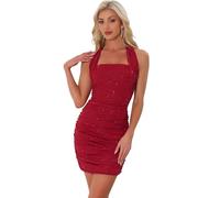 Allegra K Donna Abito Aderente con Ruche per Abito Scintillante Senza Schienale con Scollo all'Americana E Cravatta Sexy Rosso S