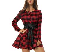 Allegra K Donna Abito Camicia a Quadri Manica Lunga Cintura Trapezio Vestito Natale Nero e Rosso S