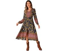 Allegra K Donna Abito Floreale per Abiti Midi Estivi A Trapezio con Scollo A V A Maniche Lunghe in Vita Elastica Blu L