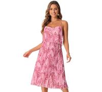 Allegra K Donna Abito Floreale Plissettato per Abito Midi con Volant E Cinturino Spaghetti Rosa S