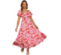 Allegra K Donna Abito Floreale Scollo Quadrato Schiena Arricciata Maxi | Corpo Foderato Maniche a Palloncino Orlo a Strati Schiena Arricciata Ideale per Estate al Mare Tessuto Chiffon