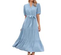 Allegra K Donna Abito Maxi a Maniche Corte | Maniche a Sbuffo Scollo a V Vita Legata Gonna a Strati a Linea Morbido Abiti Estivi Casual