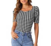 Allegra K Donna Camicetta da Lavoro Pied De Poule per Camicette Casual A Maniche Corte con Collo Quadrato A Sbuffo Nero XL