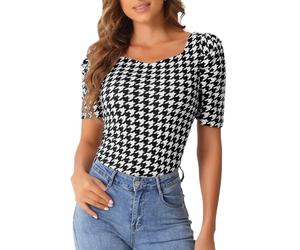 Allegra K Donna Camicetta da Lavoro Pied De Poule per Camicette Casual A Maniche Corte con Collo Quadrato A Sbuffo Nero XL