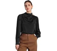 Allegra K Donna Camicetta in Raso con Collo A Lupetto E Maniche A Sbuffo Pieghettate Nero S