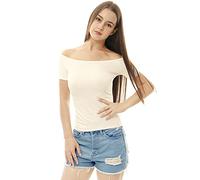 Allegra K Donna Camicia a Manica Corta Senza Spalle Top Bardot Casual Bluse Bianco M