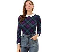 Allegra K Donna Camicia Blusa Plaid Peter Pan Colletto Contrasto Puff Manica Viola L