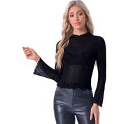 Allegra K Donna Camicia da Festa A Maniche Lunghe con Collo A Lupetto in Rete Trasparente con Top in Lattuga Nero XL