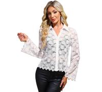 Allegra K Donna Camicia in Pizzo Manica Lunga Bluse Trasparente Elegante con Button Bianca XS