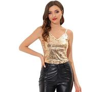 Allegra K Donna Canottiere Elasticizzata vestibilità Slim Scollo a U Costume Senza Manica Metallico Tank Top Vestito Festa di San Patrizio Oro L