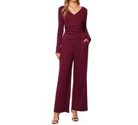 Allegra K Donna Completo Casual Iin 2 Pezzi con Maniche Lunghe Scollo a V, Coulisse Elastico in Vita e Gamba Larga. Borgogna L
