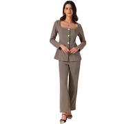 Allegra K Donna Completo in 2 Pezzi con Camicetta a Scollo Quadrato e Pantaloni Lunghi Eleganti Completi da Lavoro Kaki Scuro M