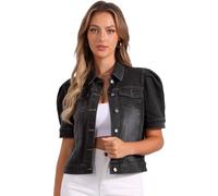 Allegra K Donna Giacca Casual Con Maniche Corte A Sbuffo, Giacca Blazer Di Jeans Abbottonata Nero XL