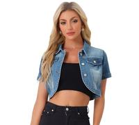 Allegra K Donna Giacca Di Jeans Casual Per Giacche Di Jeans Corte A Maniche Corte Con Colletto A Punta Blu denim XL