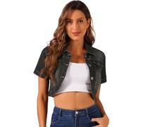 Allegra K Donna Giacca Di Jeans Casual Per Giacche Di Jeans Corte A Maniche Corte Con Colletto A Punta Nero XL