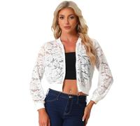 Allegra K Donna Giacche In Pizzo Per Giacca Bomber Trasparente In Rete Con Zip E Colletto Rialzato Bianca XL