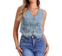 Allegra K Donna Gilet In Denim Con Scollo A V, Senza Maniche, Abbottonato, Jeans, Estivo, Corto Grigio Blu S